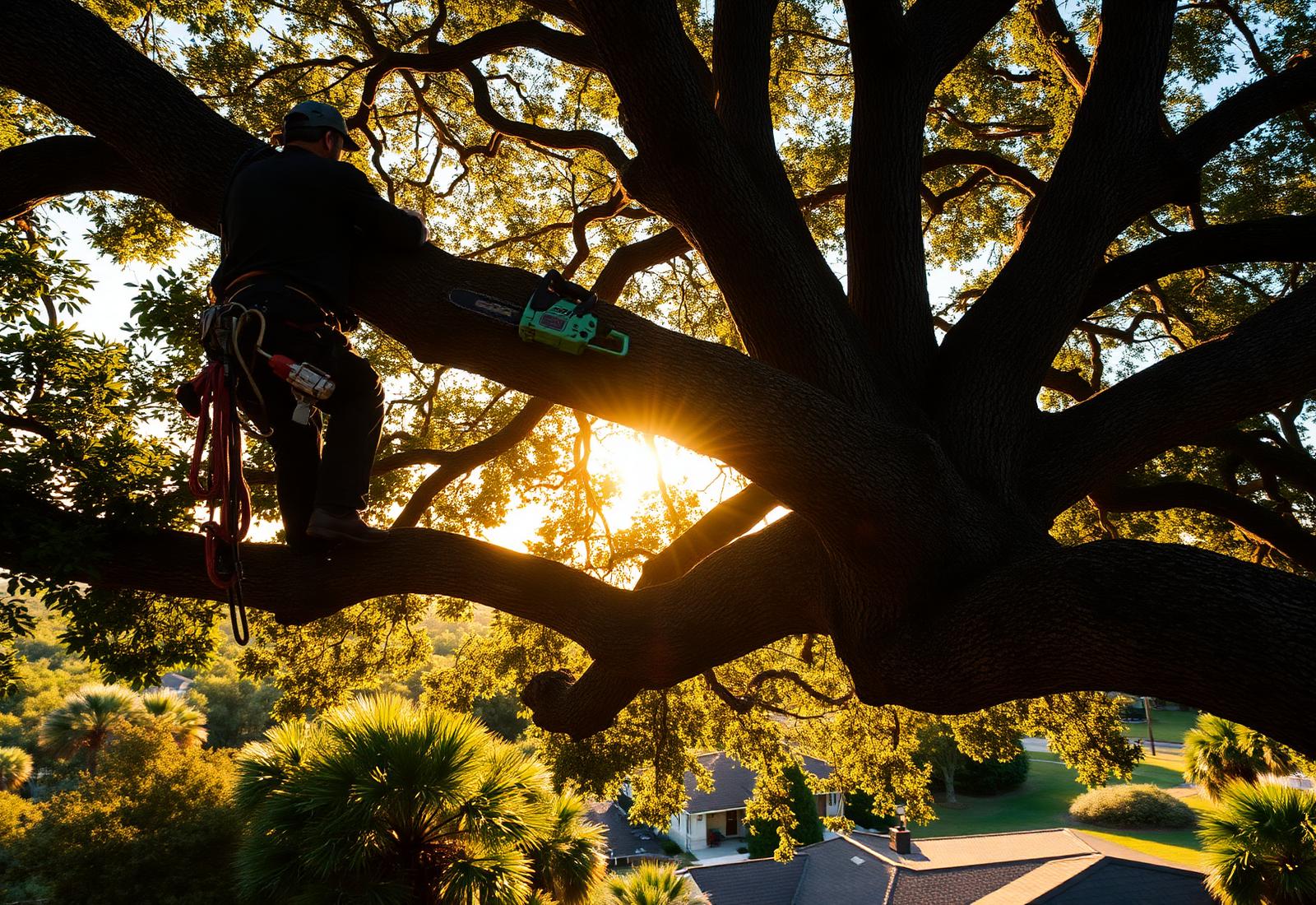 Arborist climbing a large oak tree at sunset